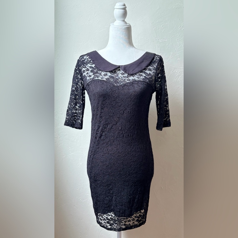 Poof Couture Black Lace Peter Pan Collar Bodycon Dress L